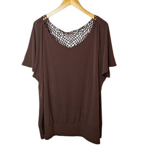 Cato Woman Size 22/24W Tunic Top Brown Crochet Back Neckline Relaxed Stretch